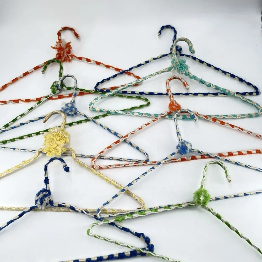 Vtg Crochet Yarn Covered Hangers Pom Pom Sturdy Double Wire Anti Slip Boho (b)